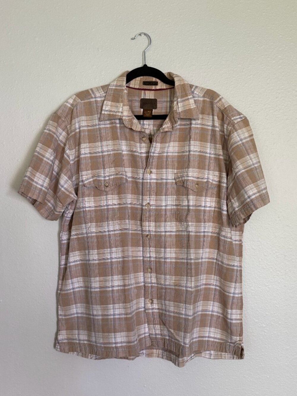 Vintage St. John's Bay Trekker Crosshatch Plaid Shirt Men's XL Brown Tan